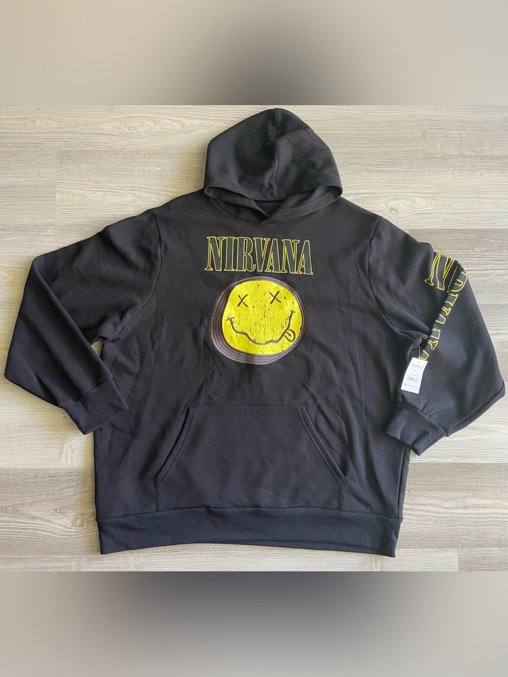 NWT Nirvana Smiley Face Graphic Hoodie Black Yellow Pullover Sweatshirt 2XL